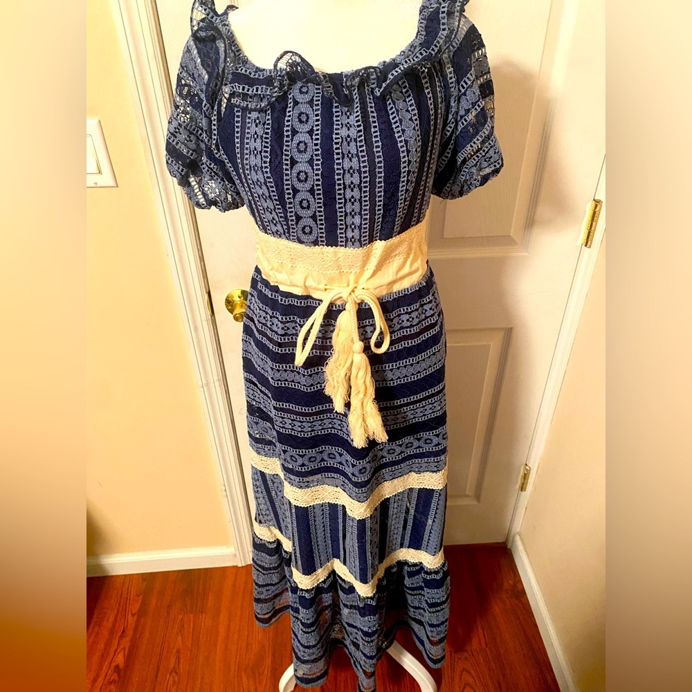 Malta Blue and Cream Bohemian Lace Maxi Dress Size Large